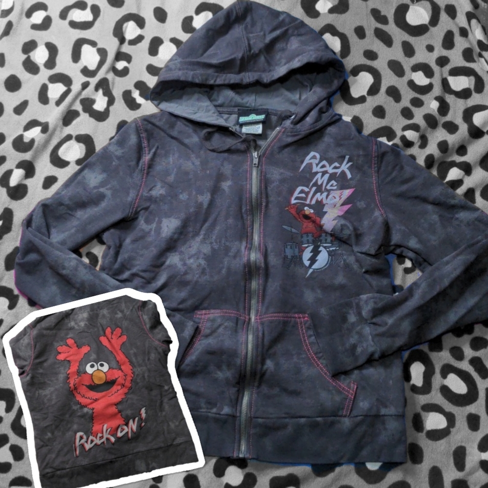 2/30$ Rock Me Elmo Sesame Street Y2K Kids Size Hoodie - Dark Grey Acid Wash